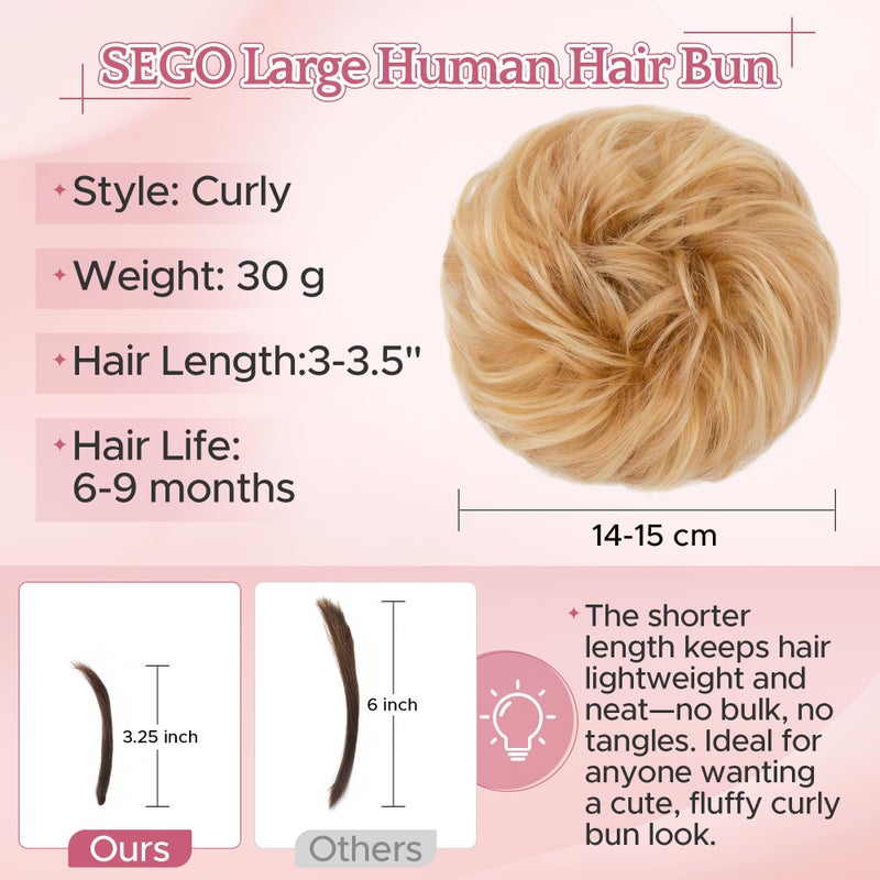 SEGO Messy Human Hair Bun Hairpieces Real Scrunchies 30g Larger Wavy Curly Rose Bun Updo Donut Chignon Ponytail Extensions for Women Girls-1 Count 30g #18RP613R Ash Blonde&Bleach Blonde - Image 3